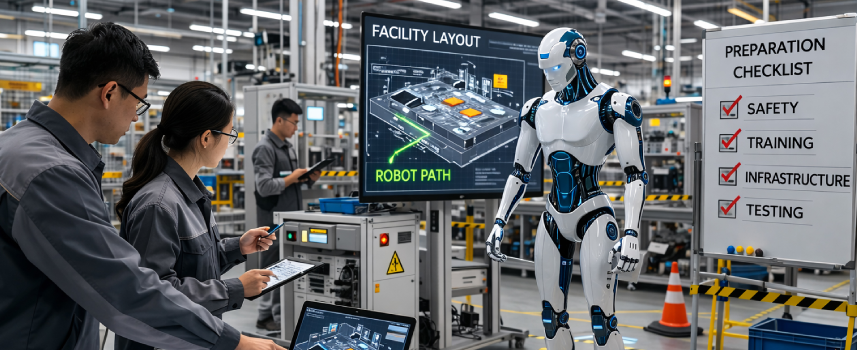 humanoid robot in factory work zone as engineers review facility layout, robot path and integration checklist.